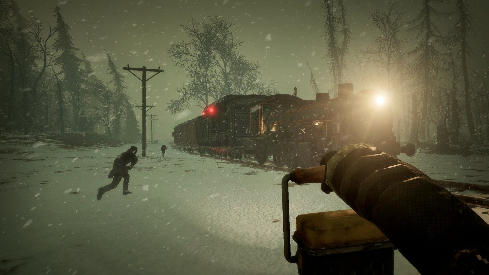 Two survivors running through snowfall toward a train's headlights