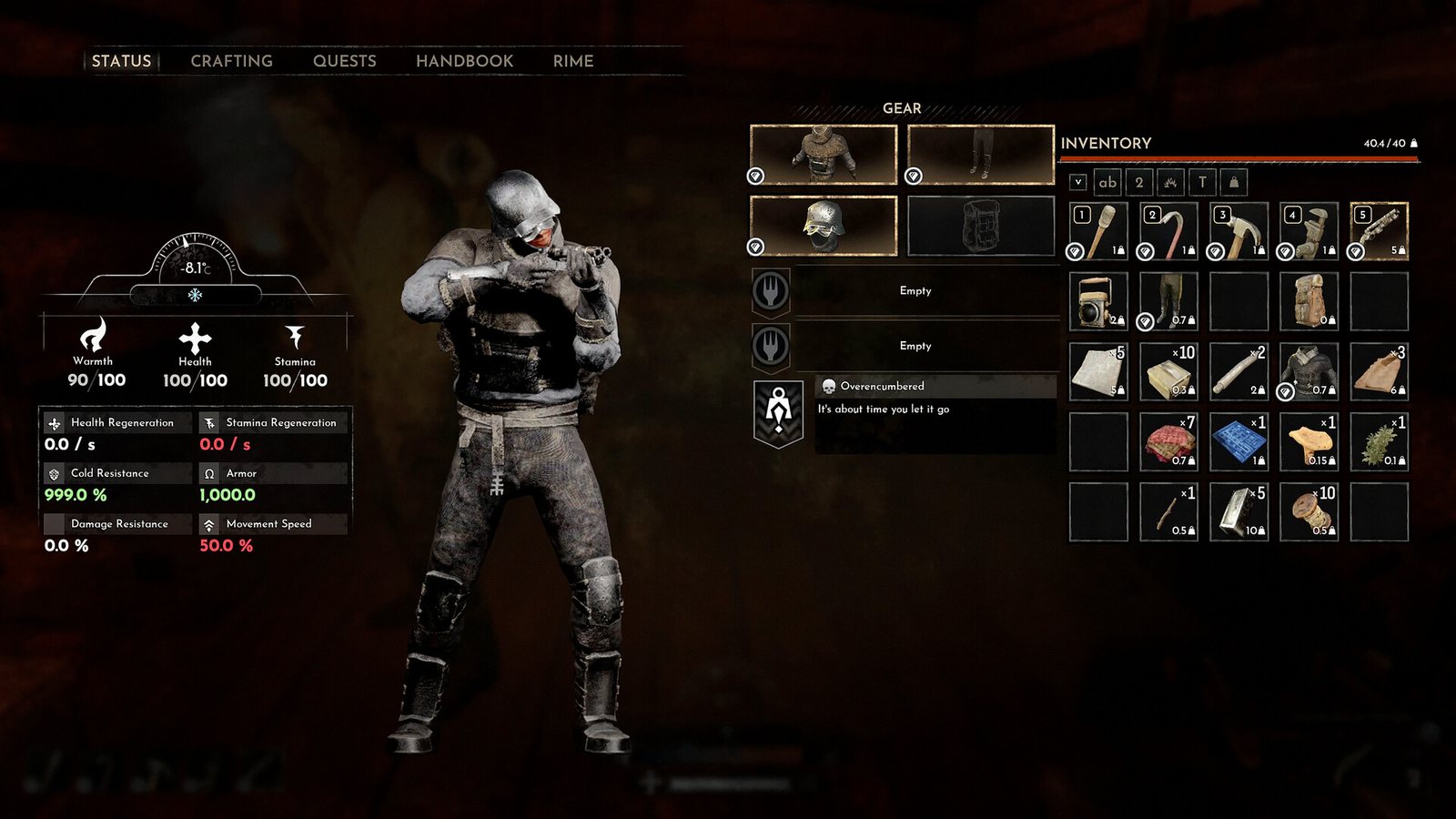 The character panel open on the STATUS tab: warmth, health, stamina bars and cold resistance